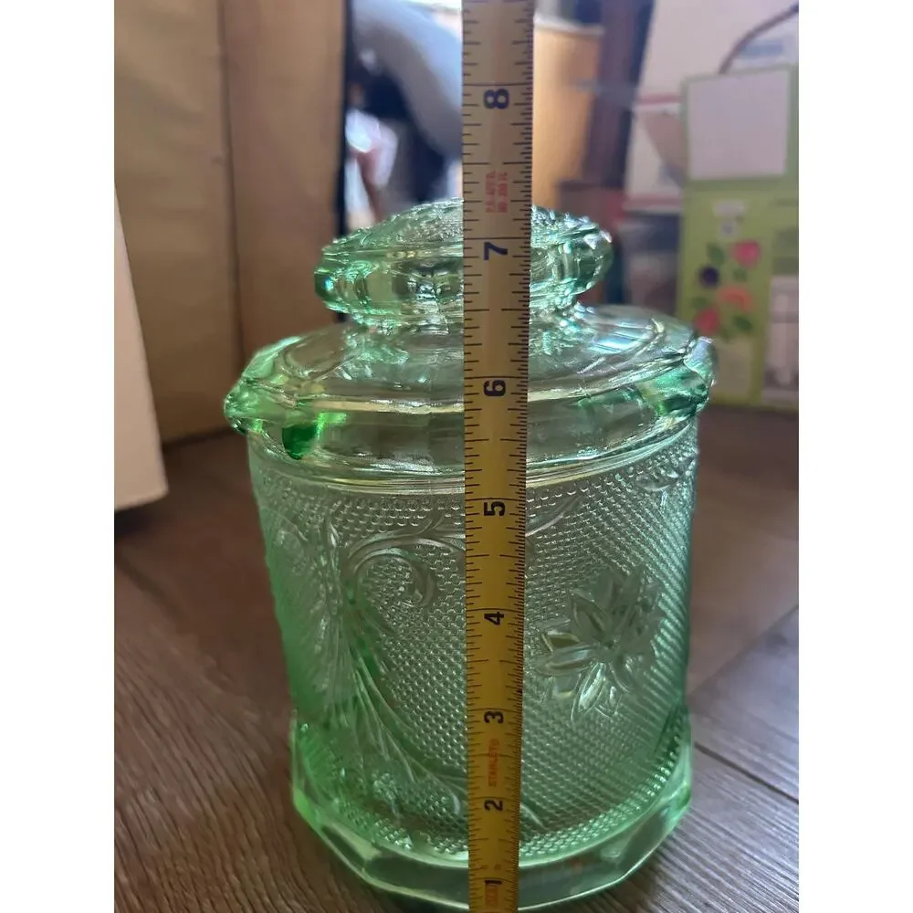 Vintage Tiara Exclusives Chantilly Green Sandwich Glass Canister with Lid